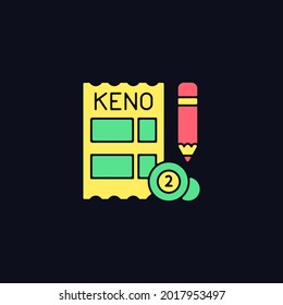Keno RGB color icon for dark theme. Gambling draw-style game. Matching numbers on keno ticket. Cash prizes. Isolated vector illustration on night mode background. Simple filled line drawing on black