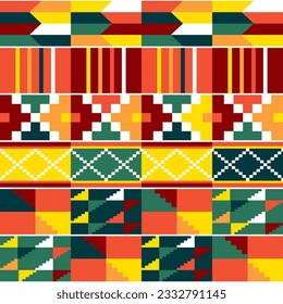 Kente african tribal vector seamless textile geometric pattern - traditional nwentoma mud cloth style from Ghana, African in yellow, red and green. Retro textile design native to the Akan, Ashanti 