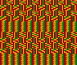 Kente Ceremonial Cloth Pattern. African Decorative Textile Background In Red, Green And Yellow Color.