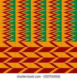 Kente ceremonial cloth pattern. African decorative textile background in red, yellow and green color.