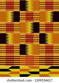 Kente ceremonial cloth pattern. African decorative textile background in yellow, black and red color.