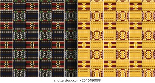  Kente cloth. African seamless patterns. Ethnic geometric prints. 