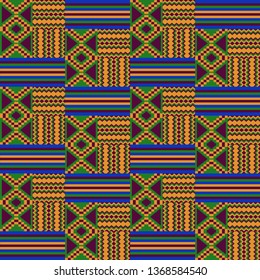 Kente cloth. African textile. Ethnic seamless pattern. Tribal geometric print. 