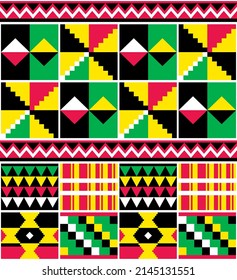 Kente nwentoma geometric vector seamless pattern in green, red and yellow inspired by African tribal fabrics or textiles from Ghana. Traditional repetitive design, vibrant ornament with abstract shape