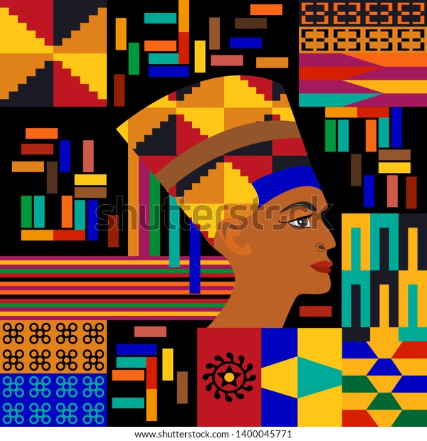 Kente pattern with woman portrait. Geometric pattern with colorful mosaic elements on black background. Template for textile design, cards, African mural painting. 