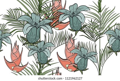 Kentia leaves and exotic flowers composition. Vector illustration. Botanical seamless background. Digital nature art.