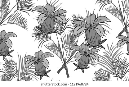 Kentia leaves and exotic flowers composition. Vector illustration. Botanical seamless background. Digital nature art.