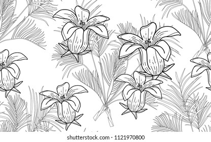 Kentia leaves and exotic flowers composition. Vector illustration. Botanical seamless background. Digital nature art.