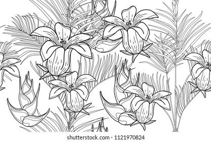 Kentia leaves and exotic flowers composition. Vector illustration. Botanical seamless background. Digital nature art.