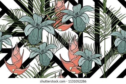 Kentia leaves and exotic flowers composition. Vector illustration. Botanical seamless background. Digital nature art.