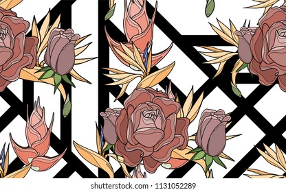 Kentia leaves and exotic flowers composition. Vector illustration. Botanical seamless background. Digital nature art.