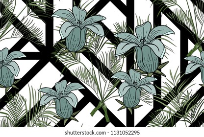 Kentia leaves and exotic flowers composition. Vector illustration. Botanical seamless background. Digital nature art.