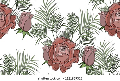 Kentia leaves and rose flowers composition. Vector illustration. Botanical seamless background. Digital nature art.