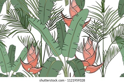 Kentia and palm leaves and exotic flowers composition. Vector illustration. Botanical seamless background. Digital nature art.