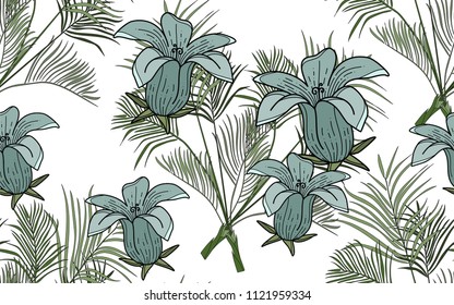 Kentia palm leaves and exotic flowers composition. Vector illustration. Botanical seamless background. Digital nature art.