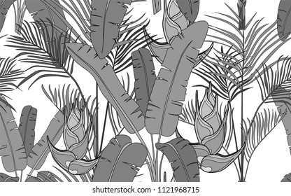 Kentia and palm leaves and exotic flowers composition. Vector illustration. Botanical seamless background. Digital nature art.