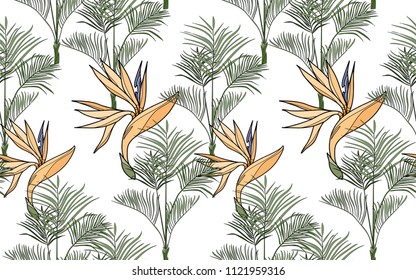 Kentia and paradise bird flower. Palm leaves and exotic flowers composition. Vector illustration. Botanical seamless background. Digital nature art.