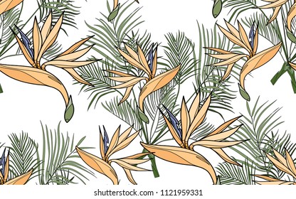 Kentia and paradise bird flower. Palm leaves and exotic flowers composition. Vector illustration. Botanical seamless background. Digital nature art.