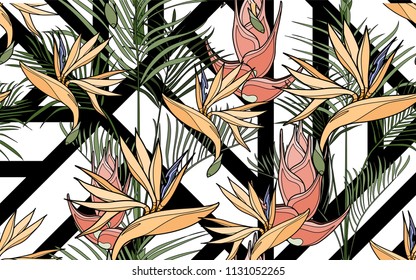 Kentia and paradise bird flower. Palm leaves and exotic flowers composition. Vector illustration. Botanical seamless background. Digital nature art.