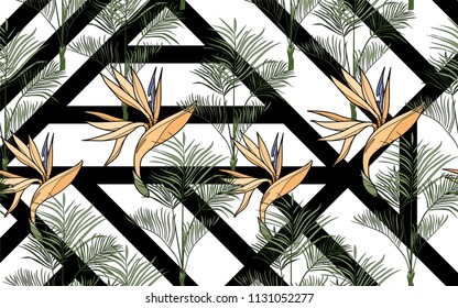 Kentia and paradise bird flower. Palm leaves and exotic flowers composition. Vector illustration. Botanical seamless background. Digital nature art.