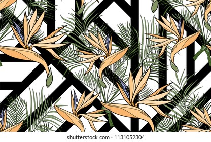 Kentia and paradise bird flower. Palm leaves and exotic flowers composition. Vector illustration. Botanical seamless background. Digital nature art.