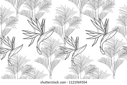 Kentia and paradise bird flowers. Palm leaves and exotic flowers composition. Vector illustration. Botanical seamless background. Digital nature art.