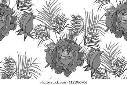 Kentia and roses. Palm leaves and exotic flowers composition. Vector illustration. Botanical seamless background. Digital nature art.