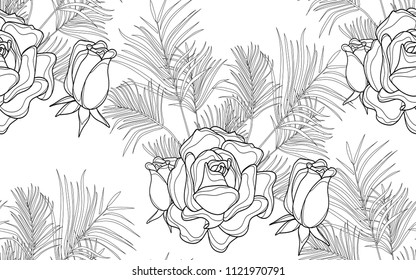 Kentia and roses. Palm leaves and exotic flowers composition. Vector illustration. Botanical seamless background. Digital nature art.