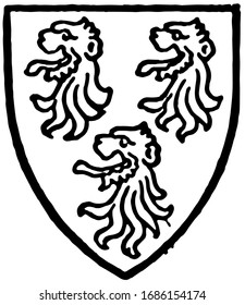 Kenton bore Gules three lions head razed sable, vintage line drawing or engraving illustration.