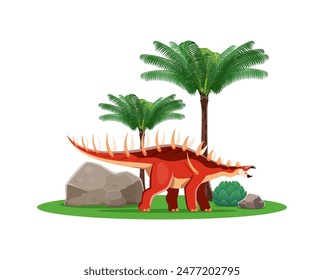 Kentrosaurus prehistoric cartoon dinosaur. Vector vibrant red dino with large spikes, roar at lush tropical landscape with palm trees and rocks. Jurassic reptile animal for children book or game