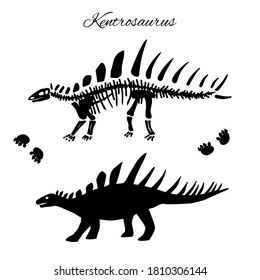 Kentrosaurus silhouette,footprints and skeleton dinosaur vector illustration isolated on white.