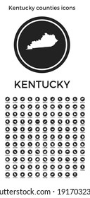 Kentucky counties icons. Black round logos with US state counties maps and titles. Vector illustration.