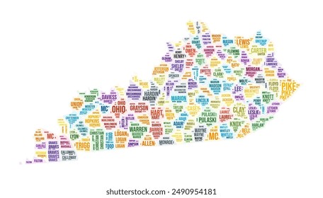 Kentucky county word cloud. State shape design. Kentucky colored illustration. County names collage cloud. Vector illustration.