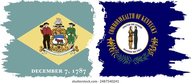 Kentucky and Delaware states grunge brush flags connection, vector