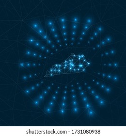 Kentucky digital map. Glowing rays radiating from the US state. Network connections and telecommunication design. Vector illustration.