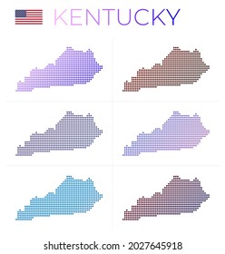 Kentucky gepunkteter Kartensatz. Karte von Kentucky im gepunkteten Stil. Die Grenzen des uns Zustands gefüllt mit schönen glatten Farbkreisen. Tolle Vektorgrafik.