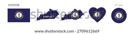 Kentucky flag and map set. Kentucky's flag in official colors and proportions. June 1st celebrations, map, circle, and heart of Kentucky.