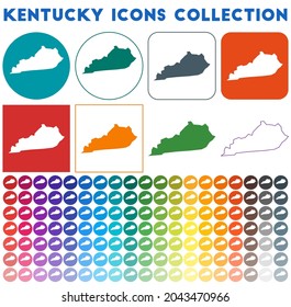 Kentucky icons collection. Bright colorful trendy map icons. Modern Kentucky badge with US state map. Vector illustration.