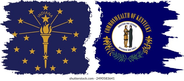 Kentucky and Indiana states grunge brush flags connection, vector