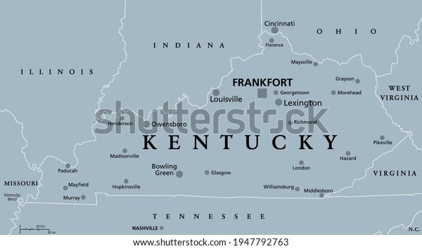 Kentucky, KY, gray political map, with capital\
Frankfort and largest cities. Commonwealth of Kentucky. State in\
Southeastern region of United States of America. Bluegrass State.\
Illustration.\
Vector.