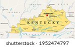 Kentucky, KY, political map with capital Frankfort and largest cities. Commonwealth of Kentucky. State in the Southeastern region of the United States of America. Bluegrass State. Illustration. Vector