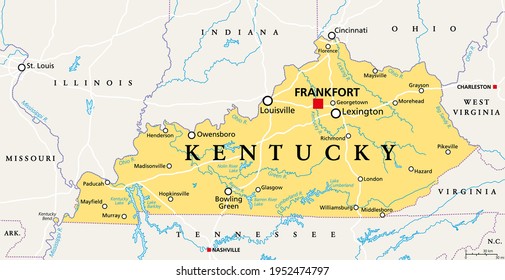 Kentucky, KY, political map with capital Frankfort and largest cities. Commonwealth of Kentucky. State in the Southeastern region of the United States of America. Bluegrass State. Illustration. Vector