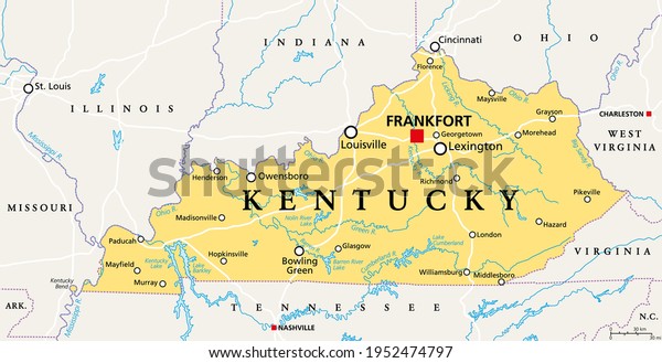 Kentucky, KY, political map with capital Frankfort\
and largest cities. Commonwealth of Kentucky. State in the\
Southeastern region of the United States of America. Bluegrass\
State. Illustration.\
Vector