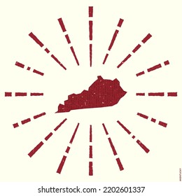 Kentucky Logo. Grunge sunburst poster with map of the US state. Shape of Kentucky filled with hex digits with sunburst rays around. Stylish vector illustration.
