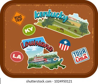 Kentucky, Louisiana travel stickers with scenic attractions and retro text on vintage suitcase background