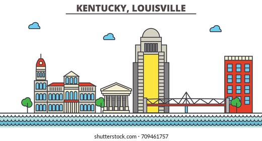 Kentucky, Louisville.City skyline: architecture, buildings, streets, silhouette, landscape, panorama, landmarks, icons. Editable strokes. Flat design line vector illustration concept.