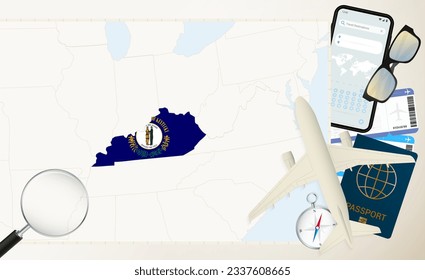 Mapa y bandera de Kentucky, avión de carga en el mapa detallado de Kentucky con bandera, pasaporte, lupa y avión. Plantilla de vectores.