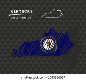 Kentucky map with flag inside on the black background. Chalk sketch vector illustration