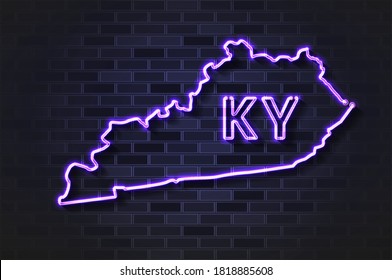 Mapa de Kentucky con luz de neón brillante o tubo de vidrio. Ilustración vectorial realista. Muro de ladrillo negro, sombra suave.