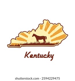 Kentucky Map with Horse Silhouette on Sunrise Background Perfect for Print, Apparel, etc